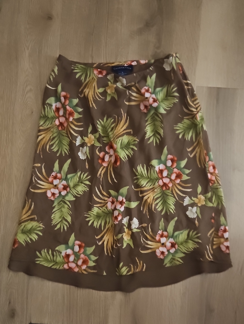 Charter Club Brown A-Line Skirt with Green and Pink Tropical Floral Print